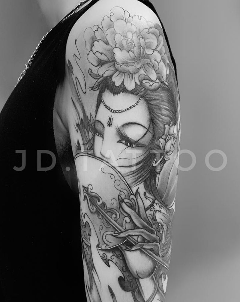 艺妓大臂纹身图片_手臂老传统艺妓纹身图案