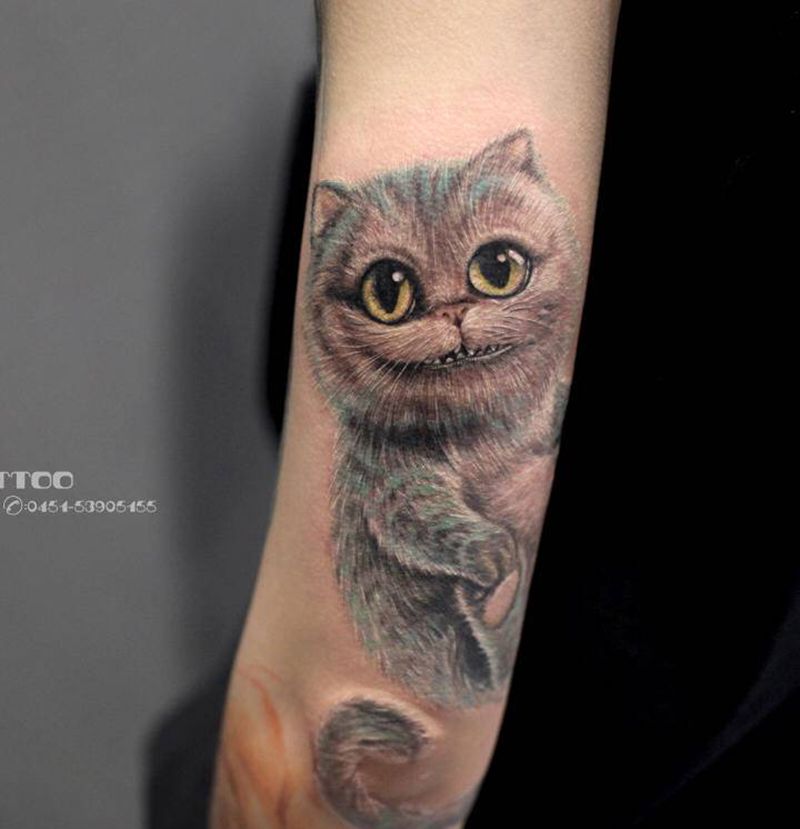 下辈子做你的柴郡猫…纹身图片_手臂欧美写实猫宠物柴郡猫纹身图案