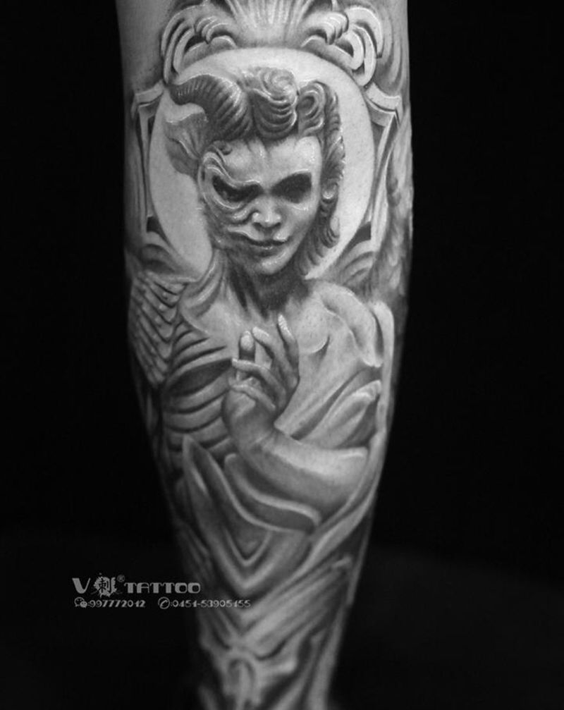 来自 # 路西法 # 的执念纹身图片_脚部欧美写实翅膀哈尔滨路西法纹身图案