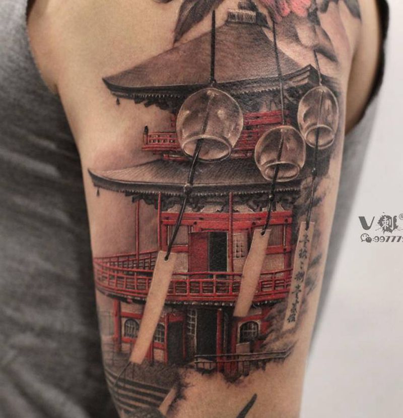光线柔和，微风拂过～纹身图片_手臂欧美写实建筑哈尔滨日式房屋纹身图案