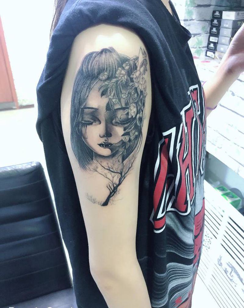 大臂作品纹身图片_手臂新传统纹身图案