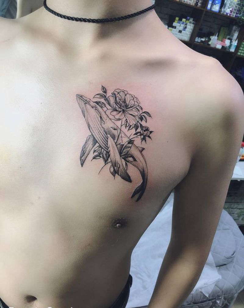 鲸鱼纹身图片_胸部点刺纹身图案