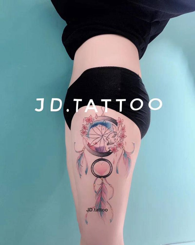 捕梦网纹身图片_腿部水彩捕梦网纹身图案