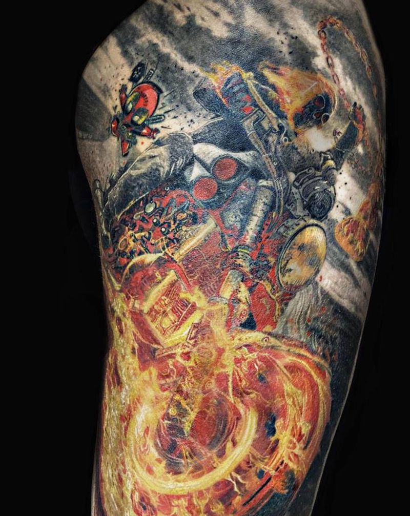 烈焰骑士纹身图片_腿部欧美写实烈焰骑士 彩色写实欧美写实纹身图案