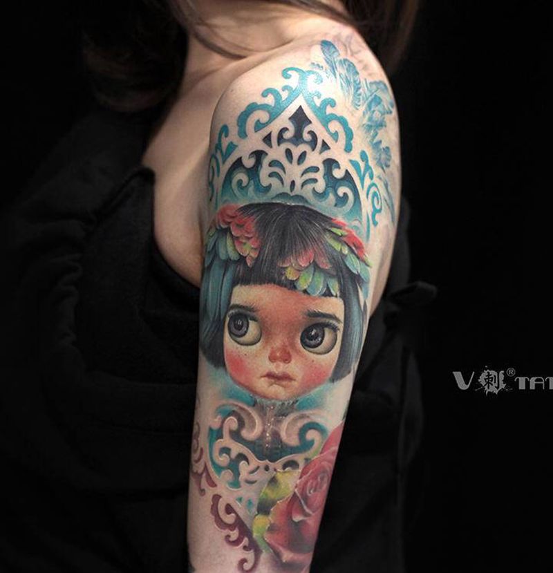 美女主播  花臂女神！纹身图片_手臂欧美写实翅膀肖像小布纹身图案