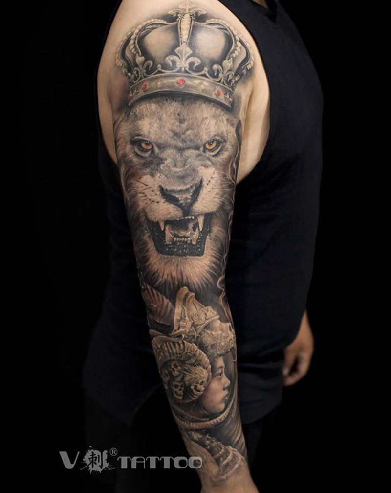 欧美花臂纹身图片_手臂欧美写实狮子皇冠天使纹身图案