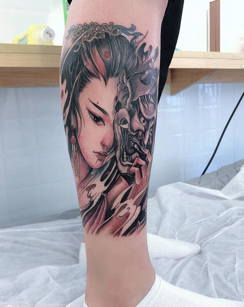 艺妓纹身图片_腿部新传统纹身图案