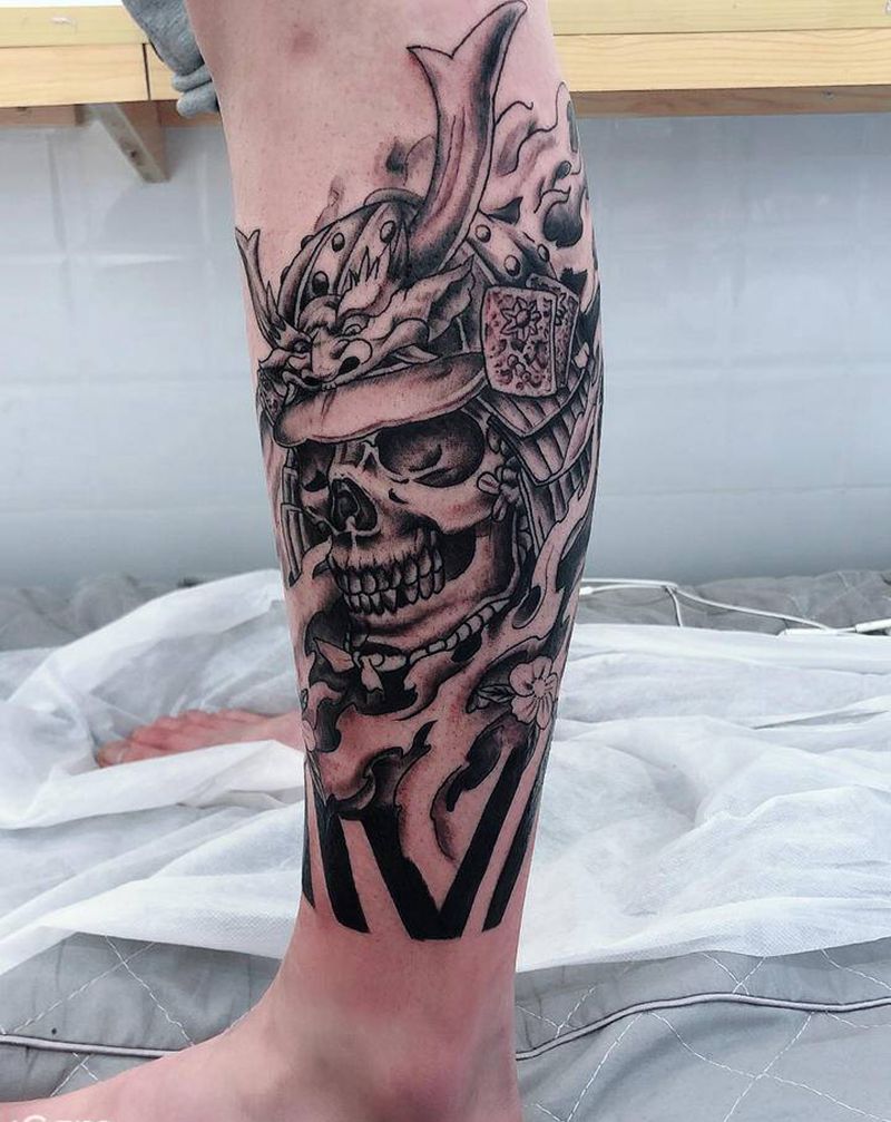 鬼武士纹身图片_腿部新传统纹身图案
