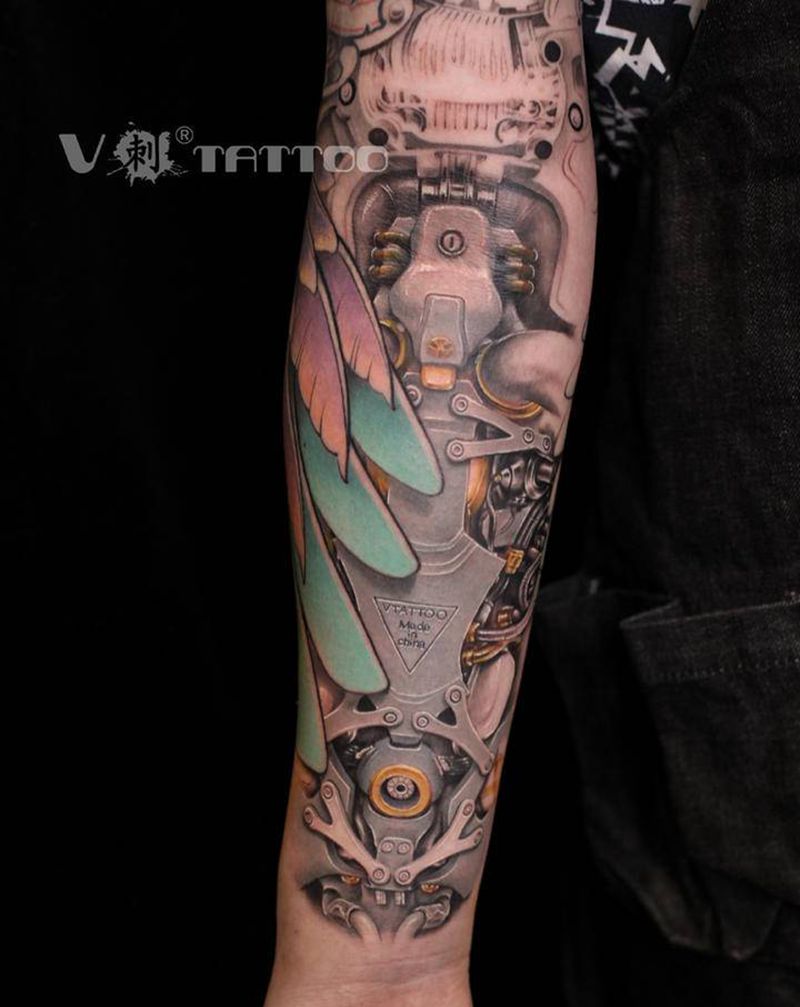 机械翅膀未完成…纹身图片_手臂欧美写实翅膀机械机械臂纹身图案