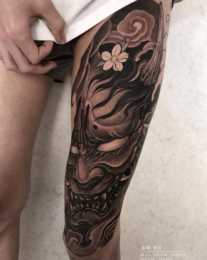 般若纹身图片_腿部新传统般若纹身图案