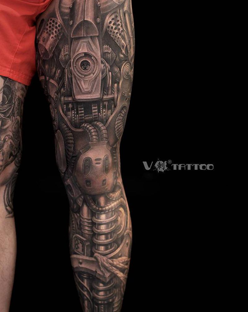 机械师的机械腿纹身图片_脚部腿部欧美写实机械机械腿花腿纹身图案