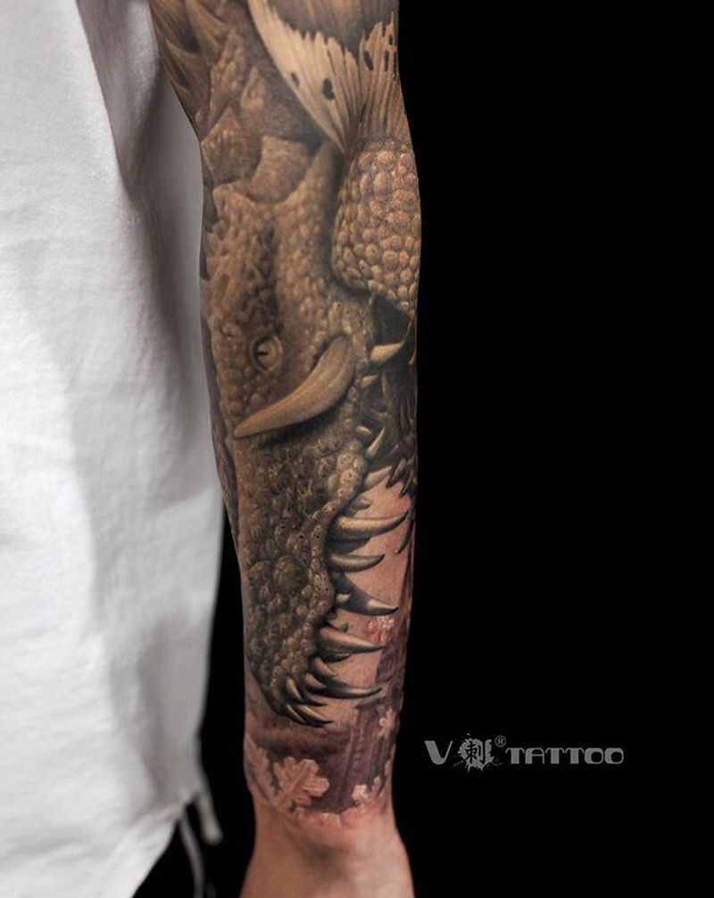 史前巨鳄纹身图片_手臂欧美写实鳄鱼鳄鱼纹身图案