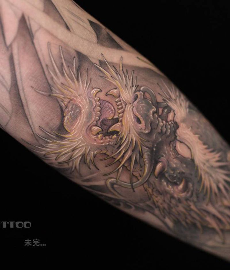 龙凤花臂未完成…纹身图片_手臂老传统新传统龙龙凤传统纹身图案
