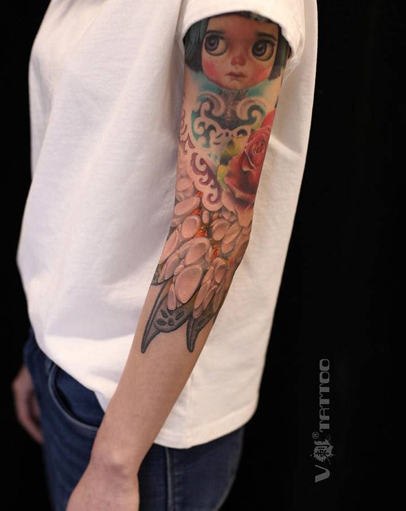 花臂女神纹身图片_手臂欧美写实翅膀翅膀花臂写实纹身图案