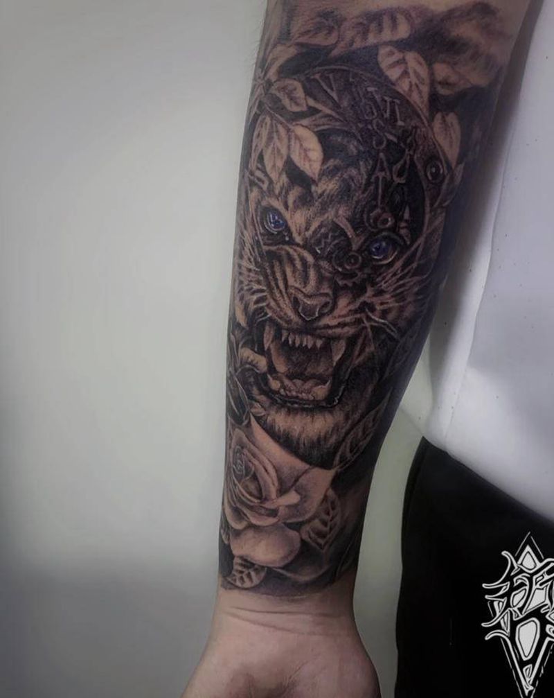 失败纹身遮盖纹身图片_手臂欧美写实包小臂老虎纹身图案