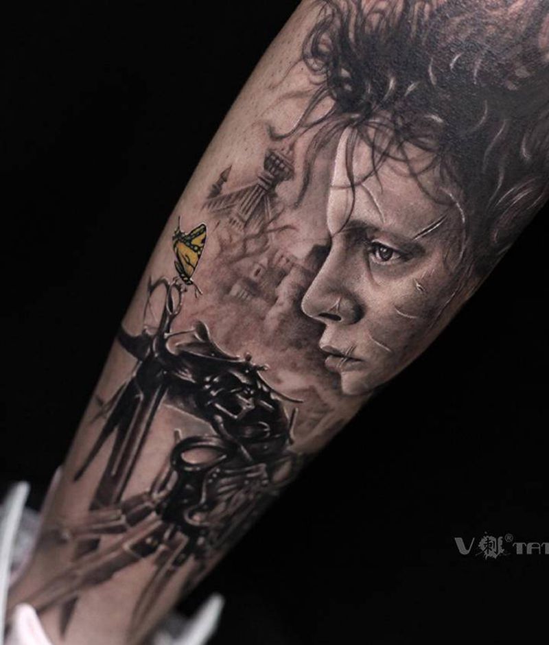 剪刀手爱德华纹身图片_腿部欧美写实肖像哈尔滨人物纹身图案