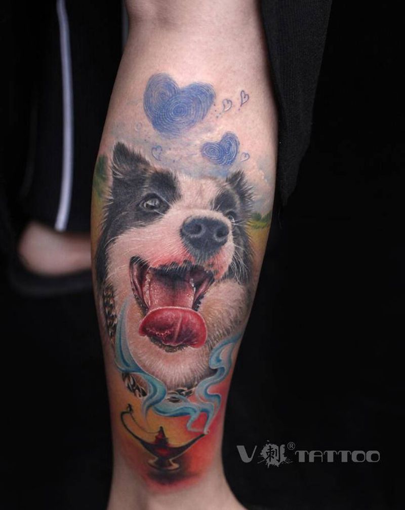 宠物纹身图案纹身图片_腿部欧美写实宠物狗狗写实纹身图案