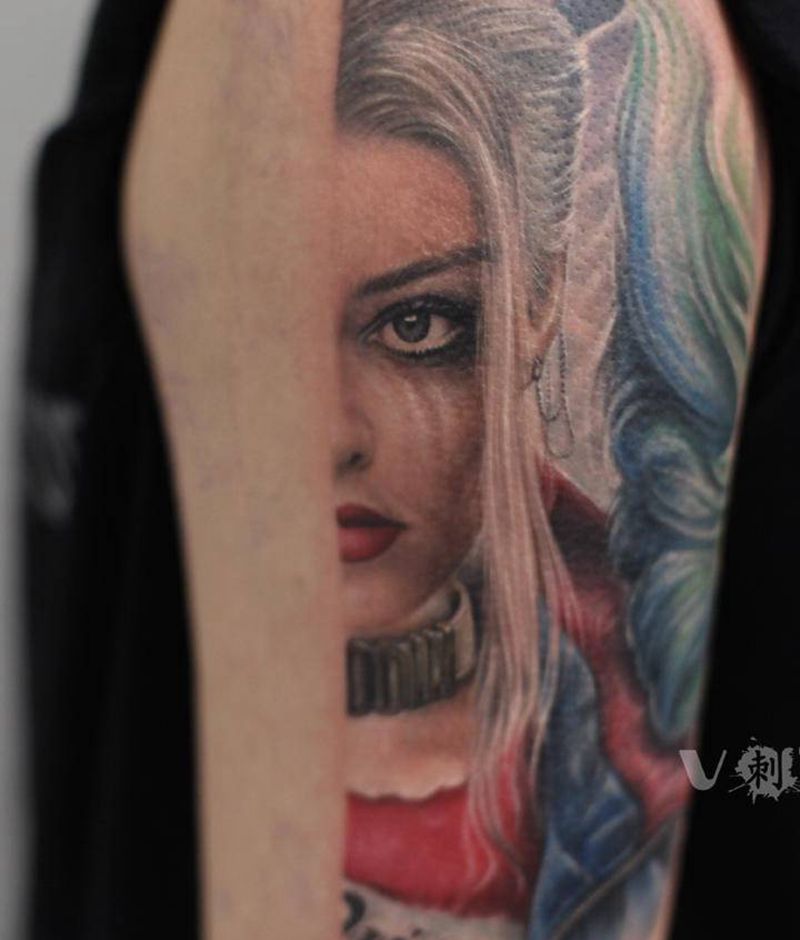 小丑女未完成…纹身图片_手臂欧美写实小丑女肖像超写实纹身图案