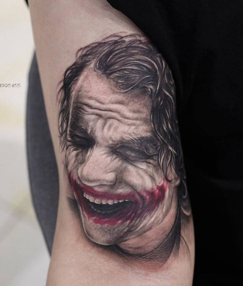 遮盖作品纹身图片_手臂欧美写实小丑希斯莱杰 肖像纹身图案