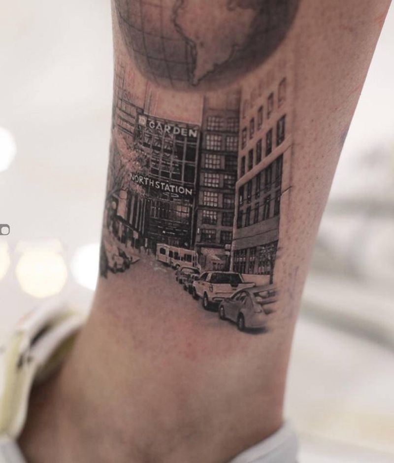 超写实包小腿纹身图片_腿部欧美写实超写实街景欧美纹身图案