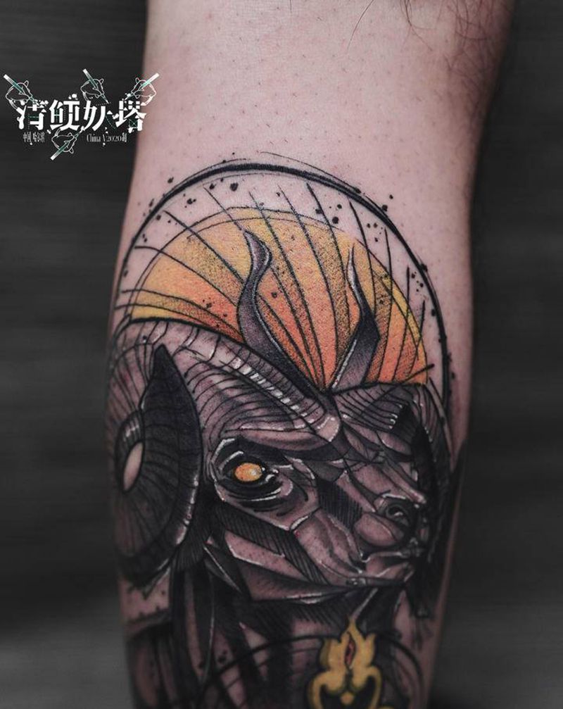 藏羚羊纹身图片_脚部Old School新传统羚羊腿部暗黑纹身图案