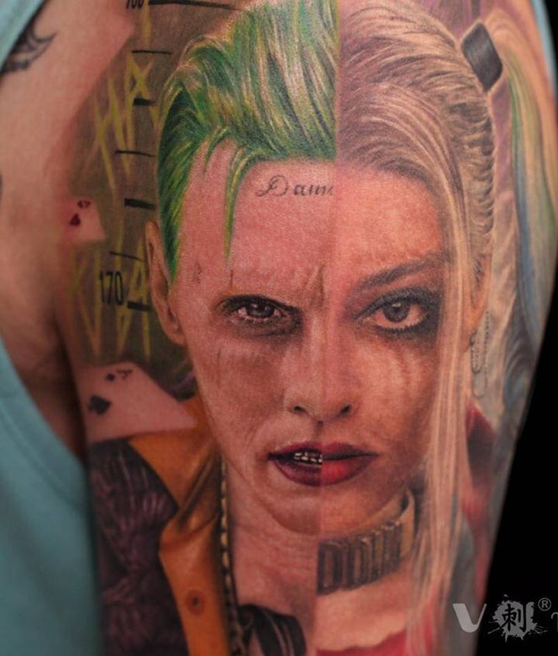 小丑！纹身图片_手臂欧美写实小丑小丑女自杀小队纹身图案