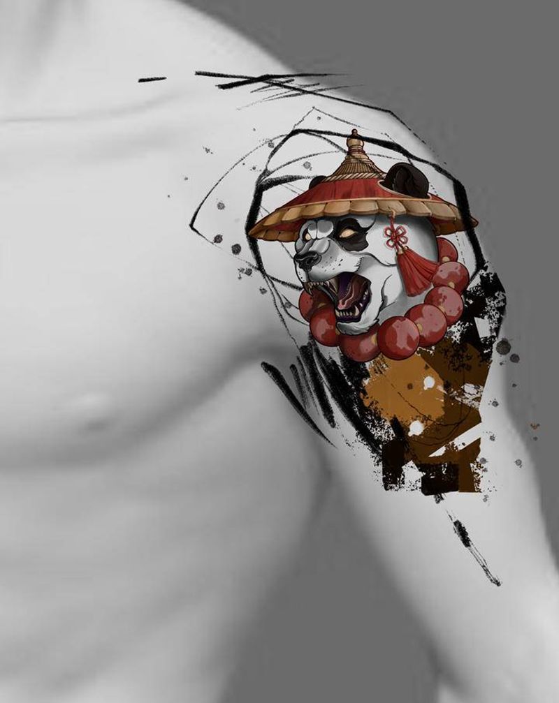 功夫熊猫纹身图片_手臂New School水墨功夫熊猫熊纹身图案