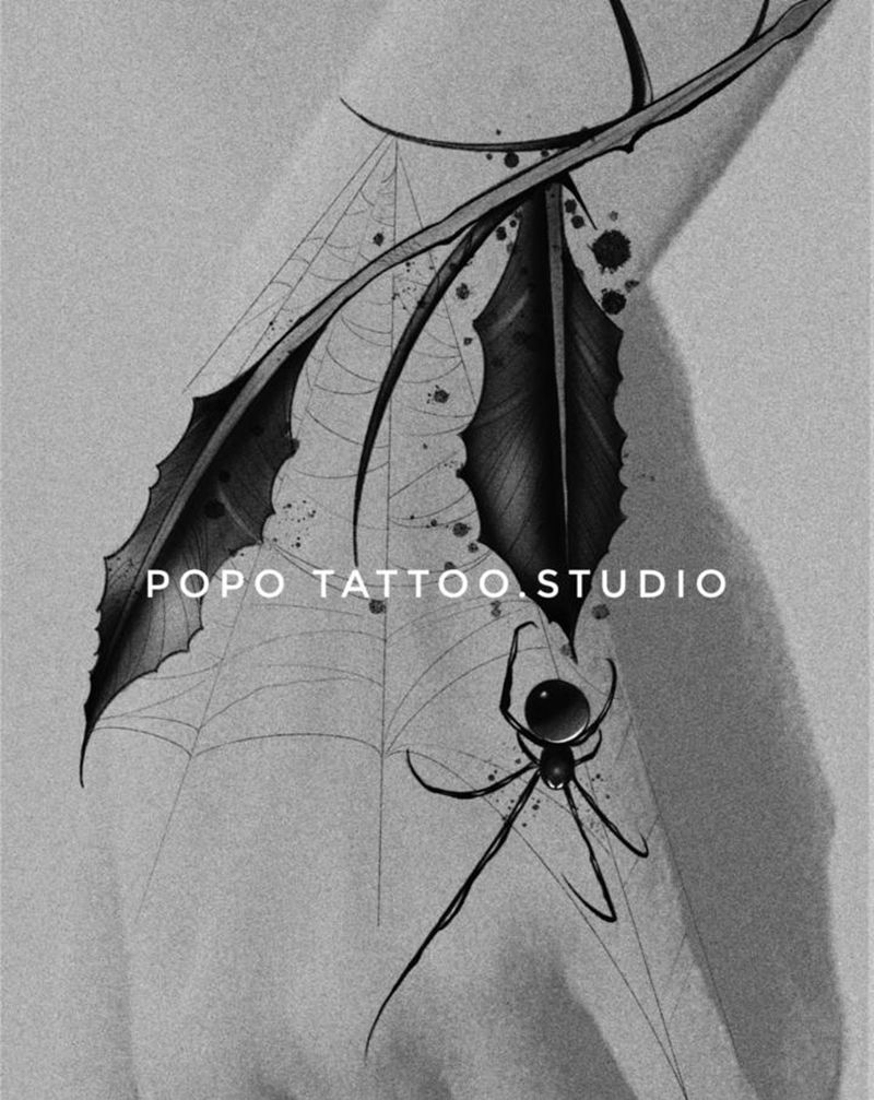 寂纹身图片_手部New School蜘蛛树叶暗黑纹身图案