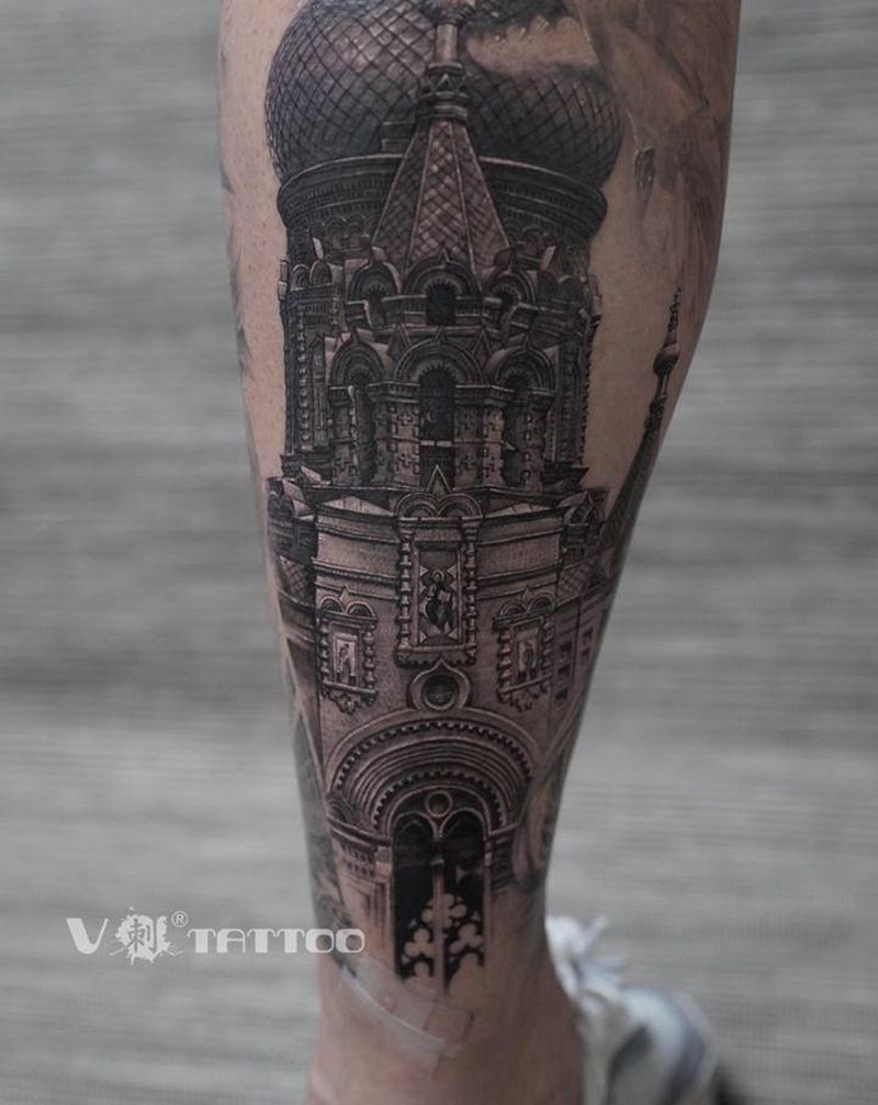 肌肤上的印记 -『 索菲亚纹身图片_腿部欧美写实建筑索菲亚写实纹身图案