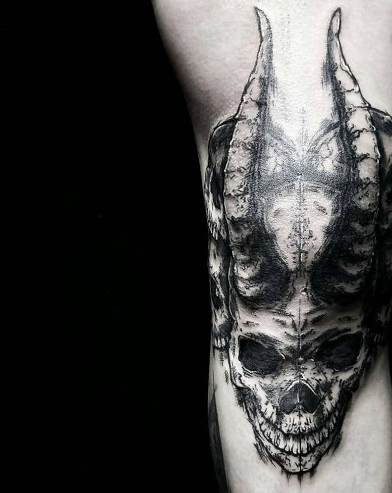 暗黑系/骷髅纹身图片_腿部点刺骷髅素描暗黑纹身图案