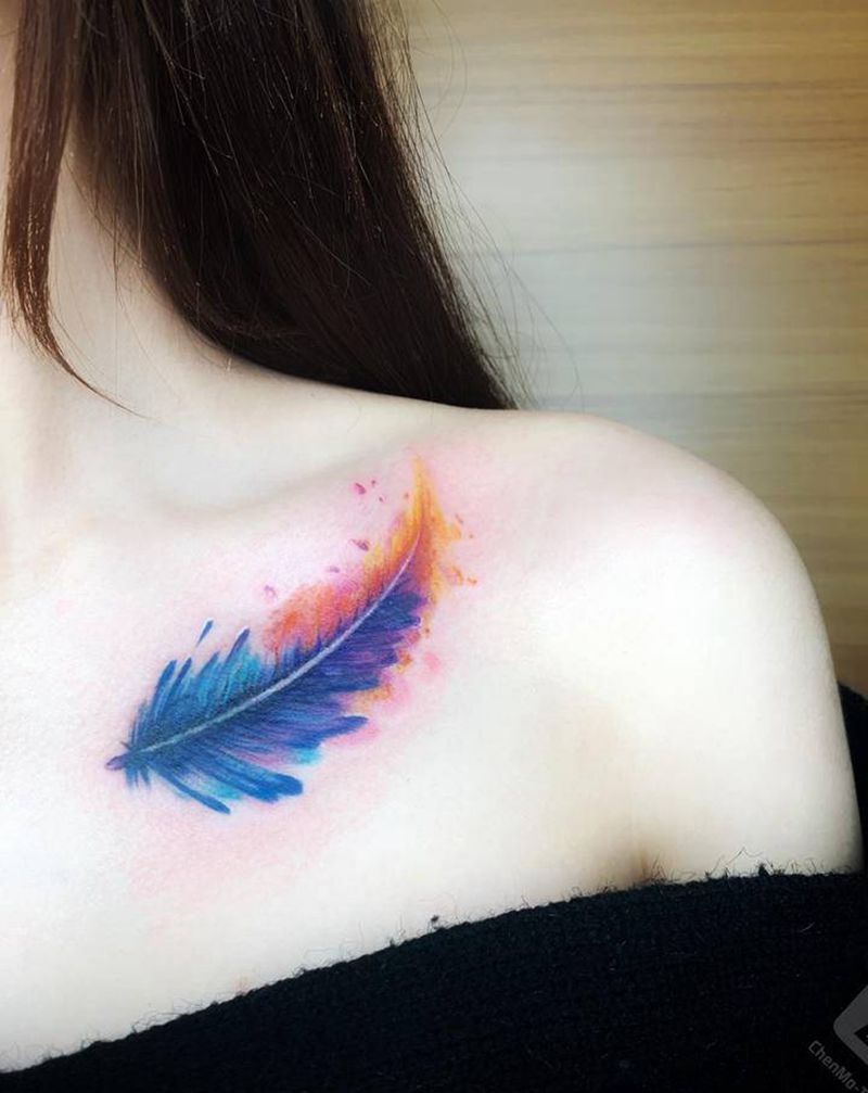 遮盖英文字母纹身图片_肩部水彩原创羽毛遮盖纹身图案