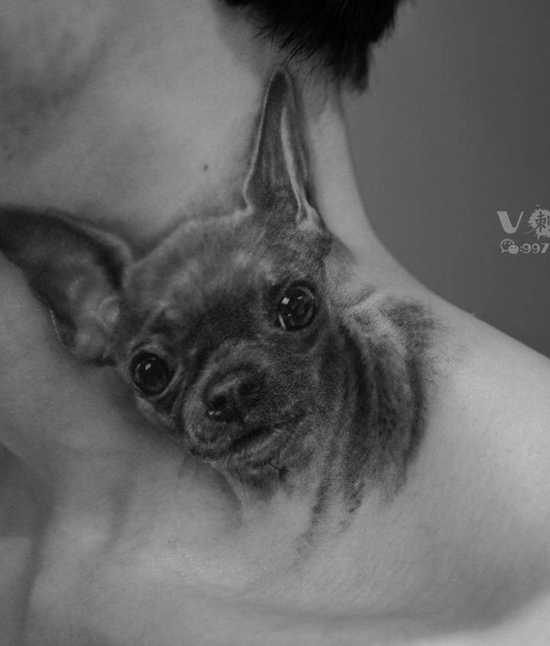 宠物纹身纹身图片_颈部欧美写实狗狗宠物脖子纹身图案