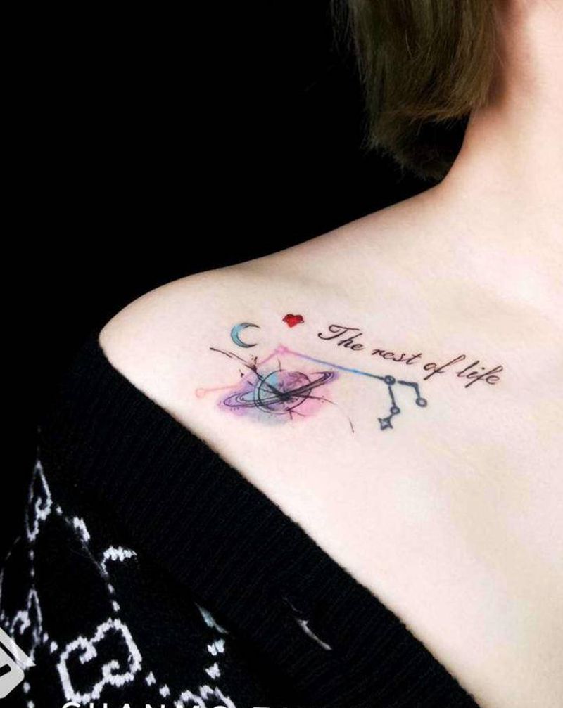 星座/独角兽 英文水彩肩花*2纹身图片_肩部水彩星座独角兽英文纹身图案