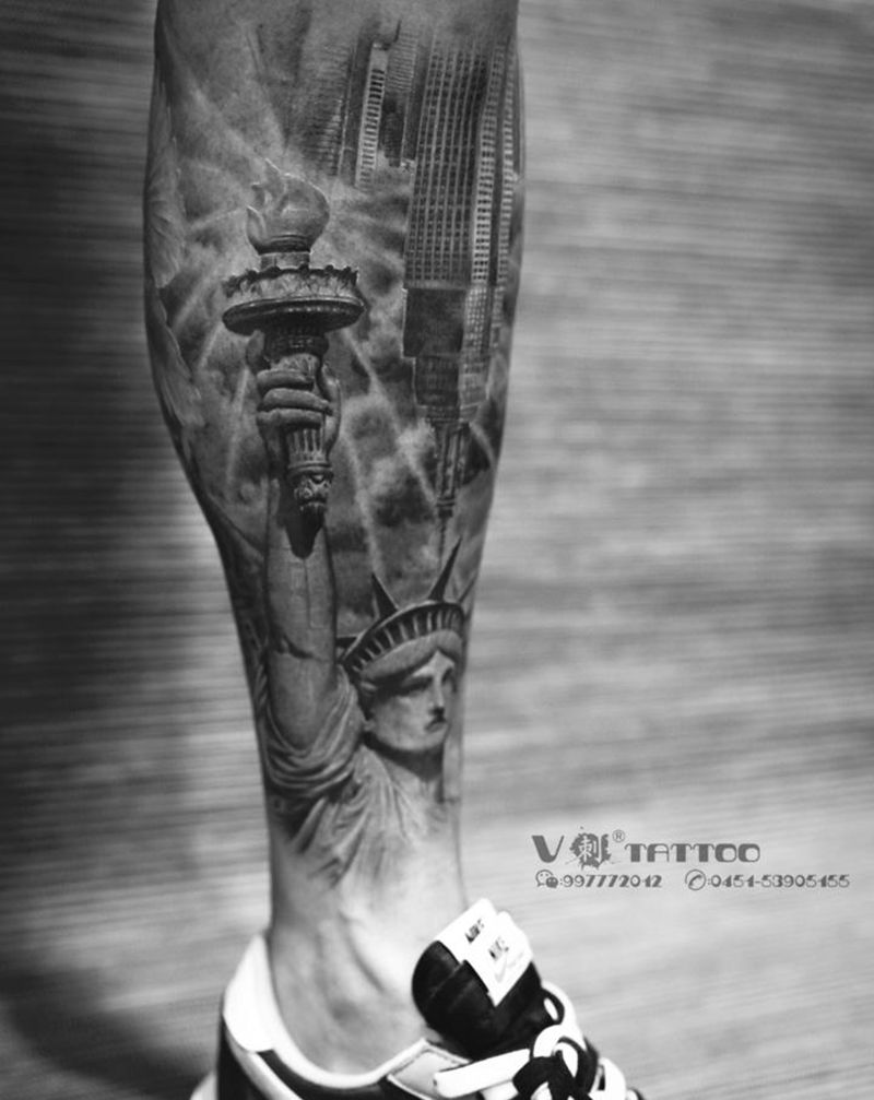 索菲亚教堂纹身图片_腿部欧美写实教堂建筑自由女神纹身图案