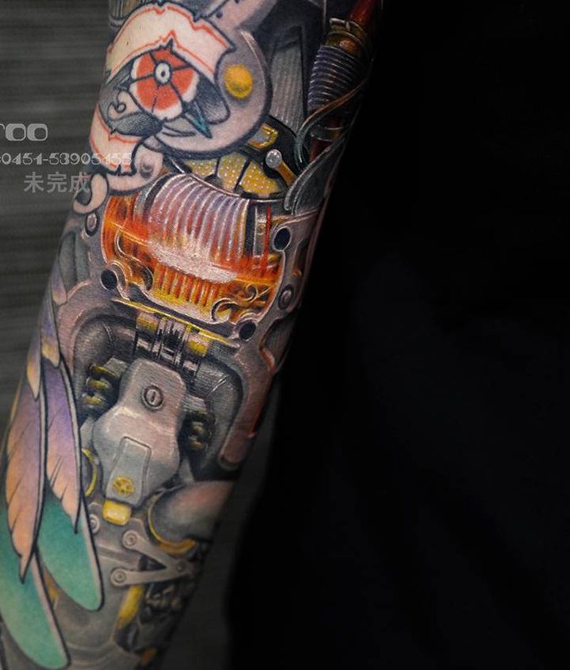 让自己发光 胜过埋怨一切黑暗纹身图片_手臂欧美写实机械臂机械写实纹身图案
