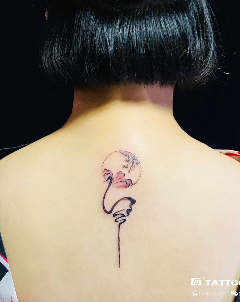 鹤纹身图片_背部水彩水墨仙鹤小清新纹身图案