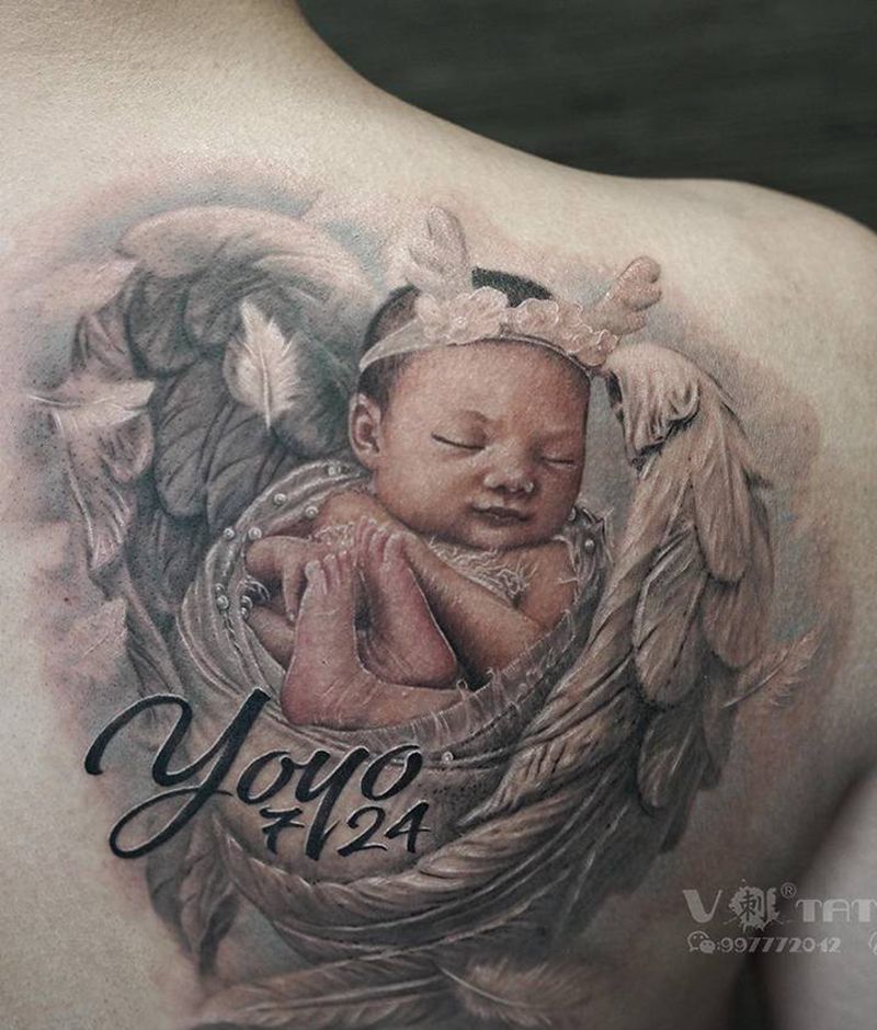 宝贝纹身图片_背部欧美写实肖像天使照片纹身图案