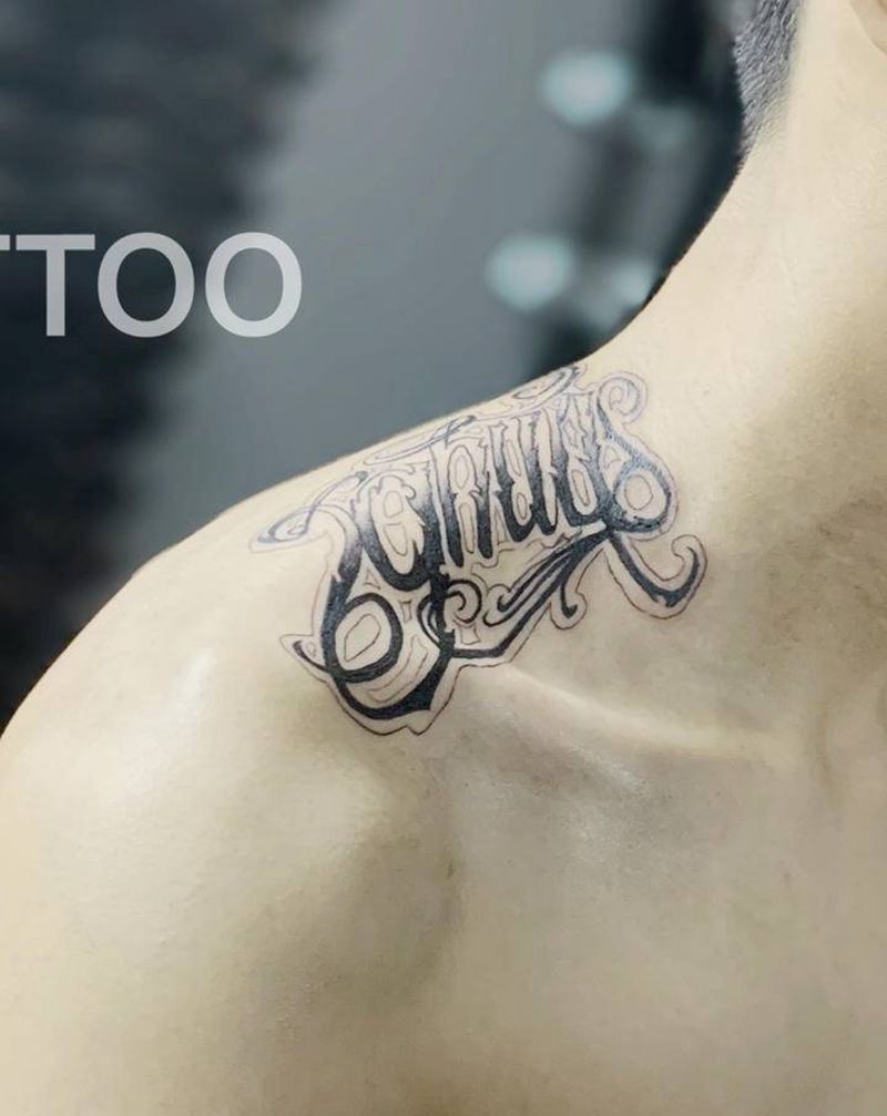 花体字纹身图片_肩部颈部花体字纹身图案
