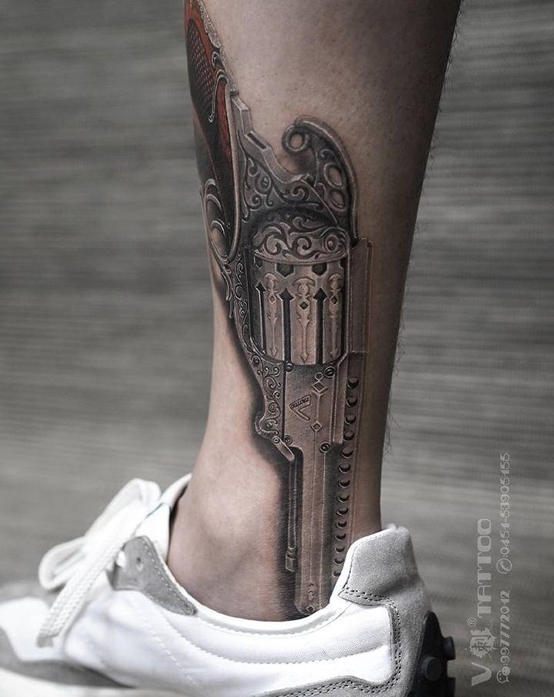 手枪…纹身图片_脚部腿部欧美写实枪手枪手枪纹身图案