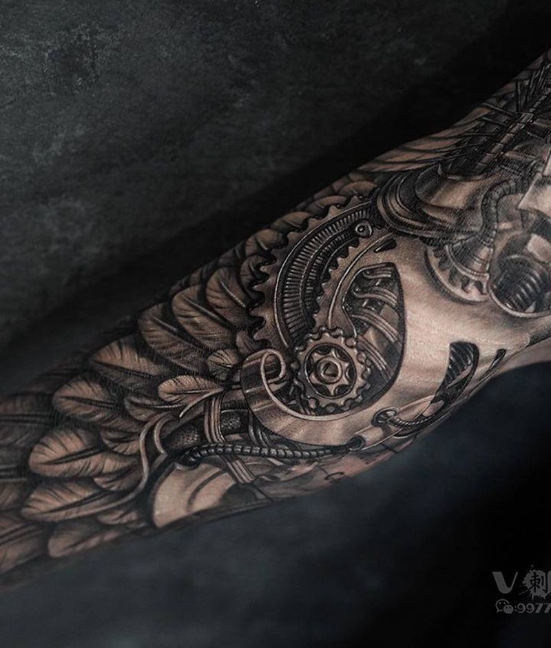 机械翅膀…纹身图片_手臂欧美写实机械翅膀机械机械臂纹身图案