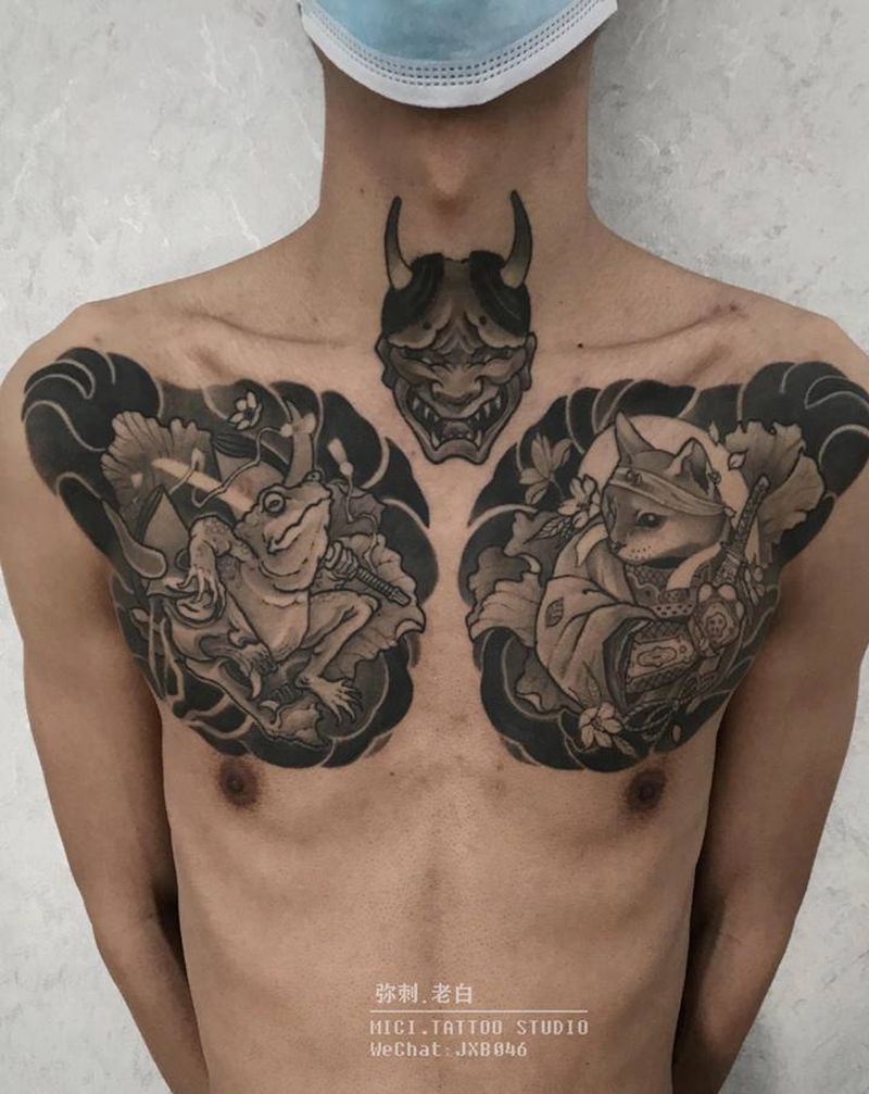 花胸纹身图片_胸部新传统武士般若花胸纹身图案