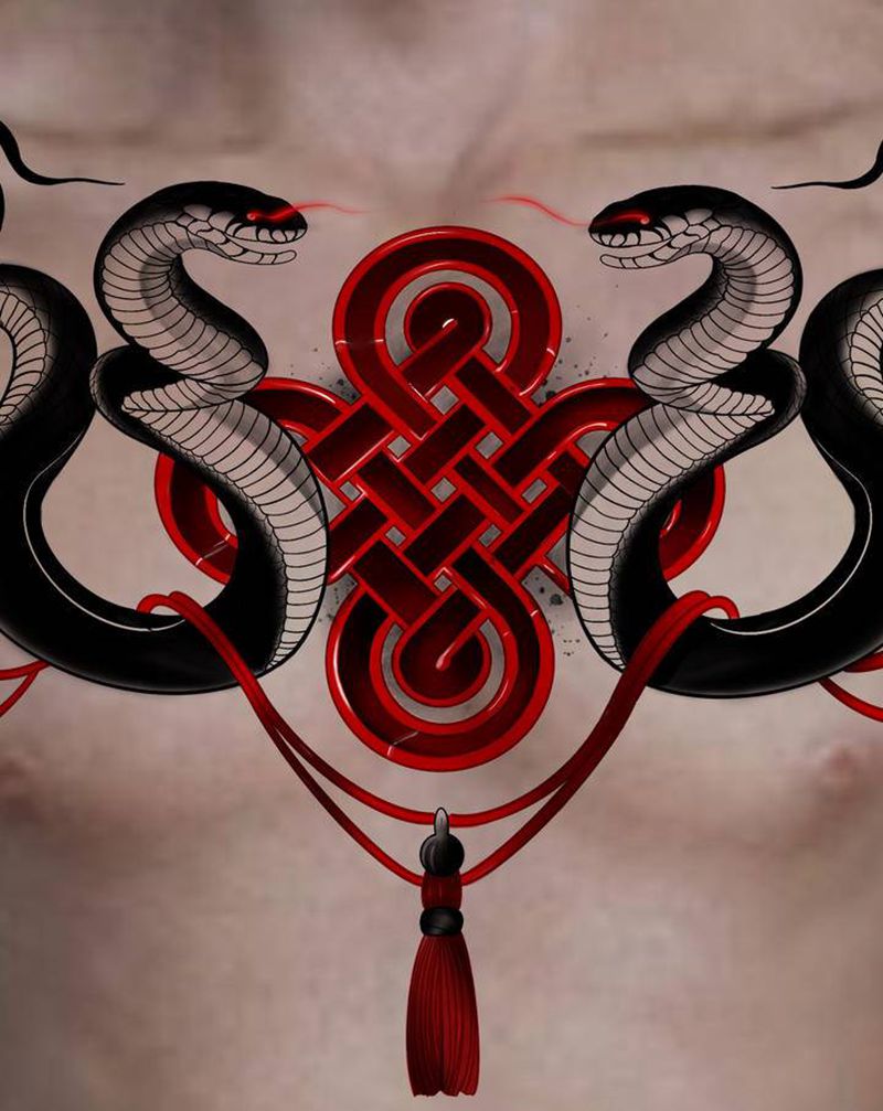 花胸纹身图片_胸部国风中国结蛇纹身图案