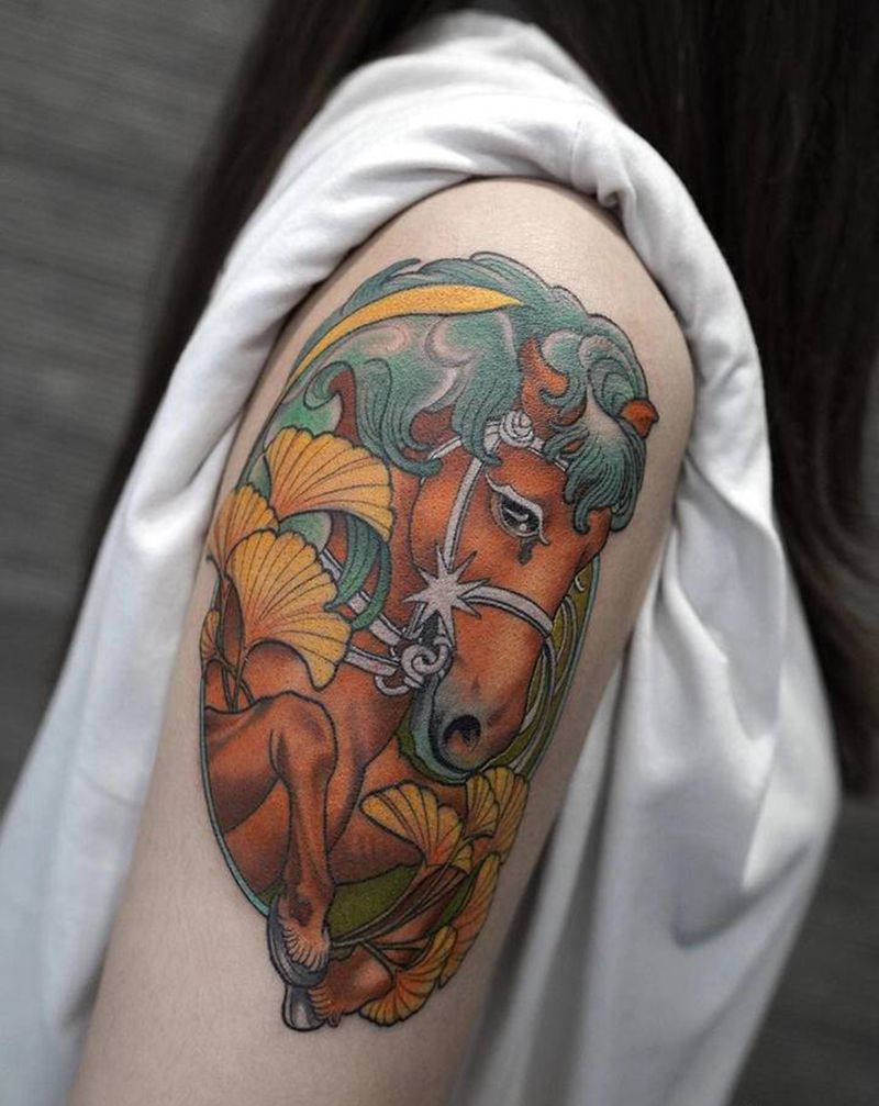 生肖school纹身图片_手臂New School马生肖纹身图案