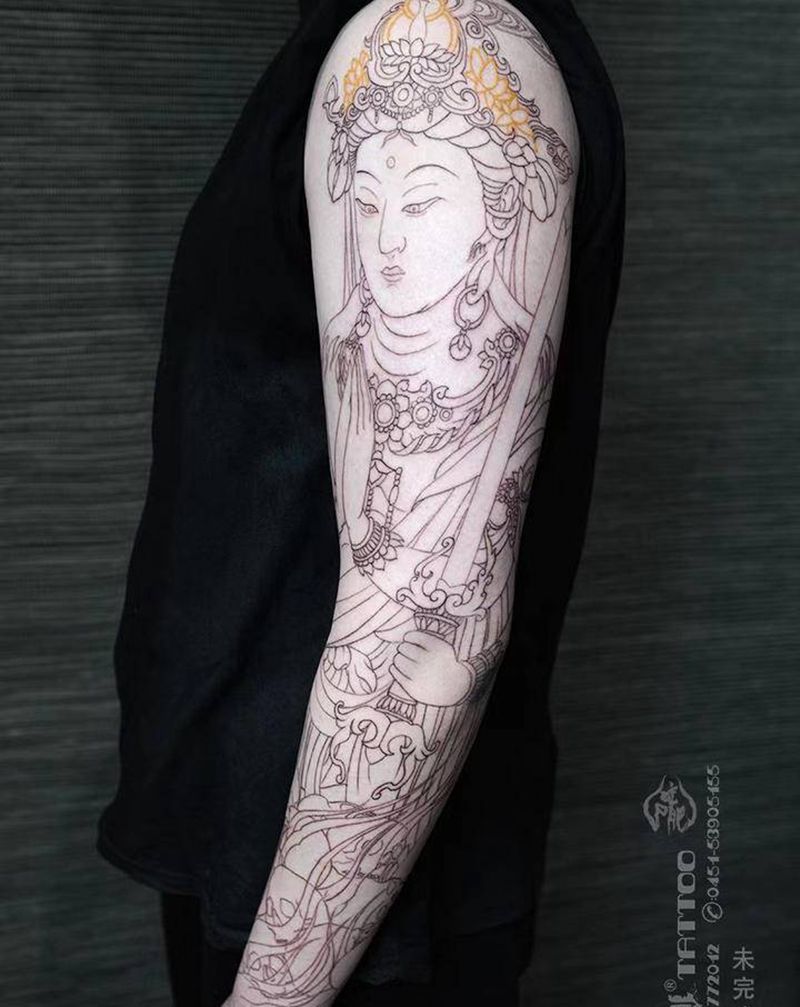 大势至菩萨纹身图片_手臂新传统大势至菩萨黄炎风格婆娑罗风格纹身图案