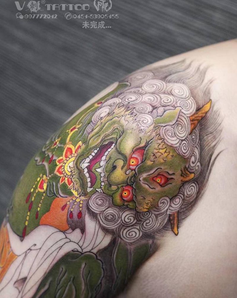 大鬼纹身图片_手臂新传统婆娑罗风格新传统大鬼纹身图案