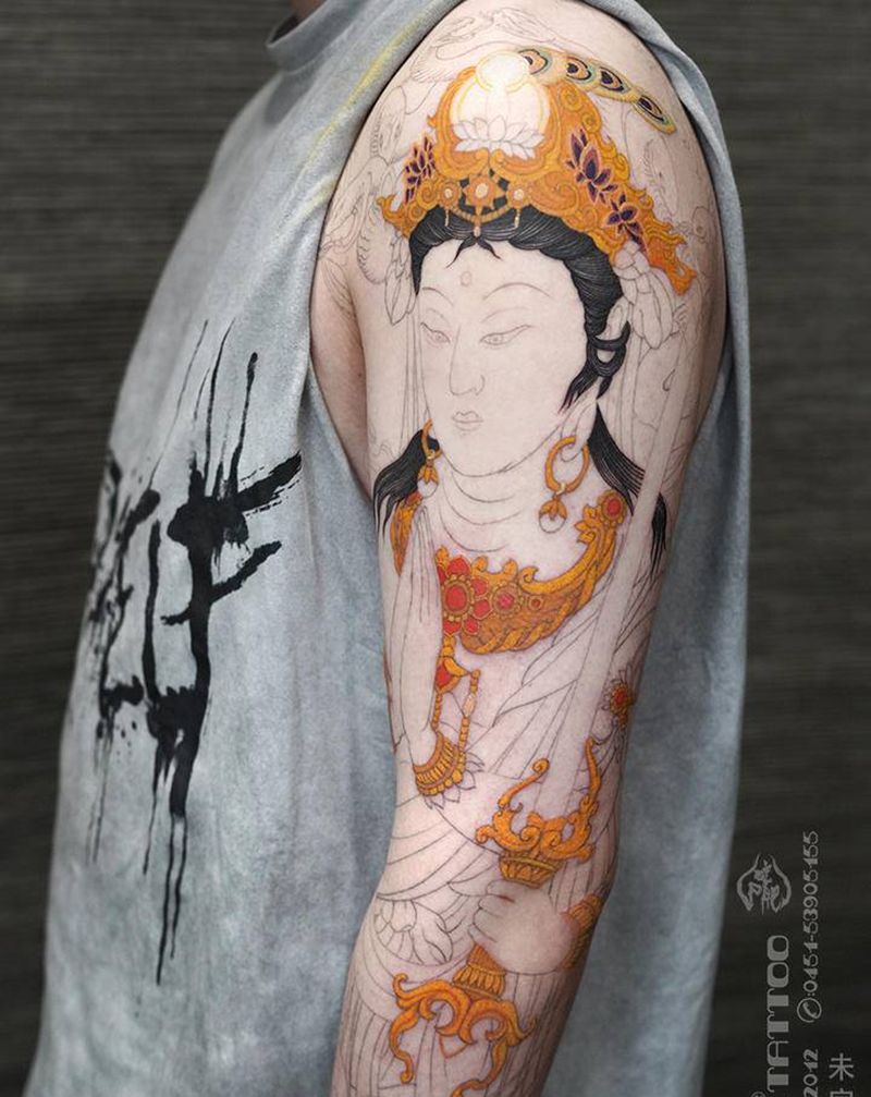 大势至菩萨纹身图片_手臂新传统婆娑罗风格佛菩萨纹身图案