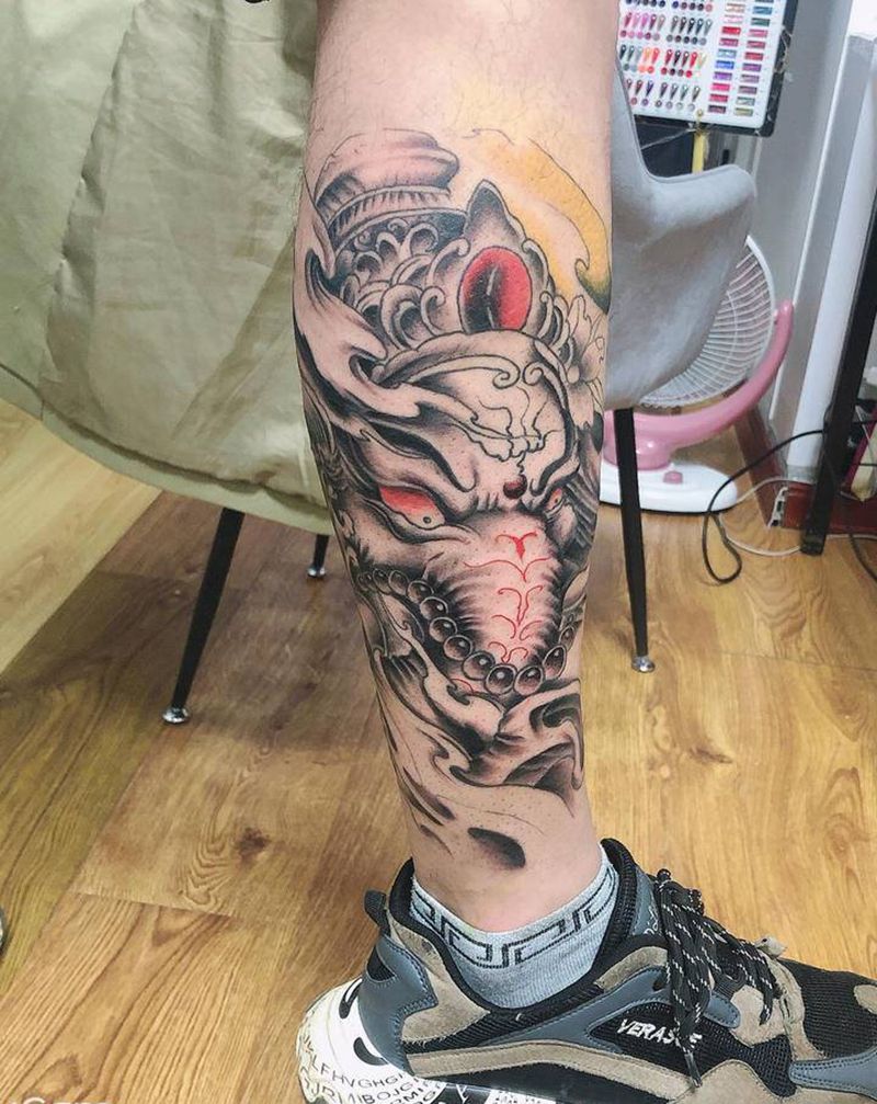 象神纹身图片_腿部新传统纹身图案