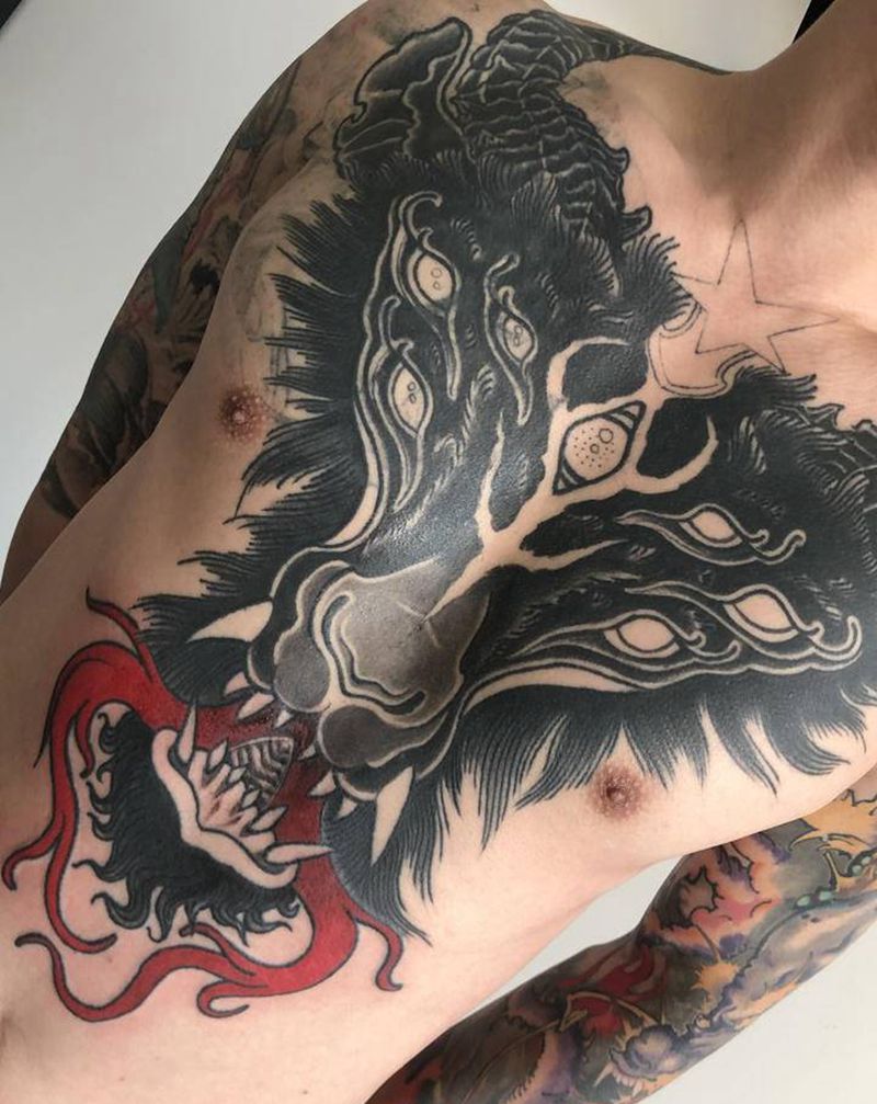 胸口羊头纹身图片_胸部腹部Old School纹身图案