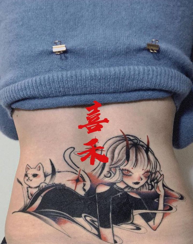 遮盖腰花纹身图片_腰部New School纹身图案