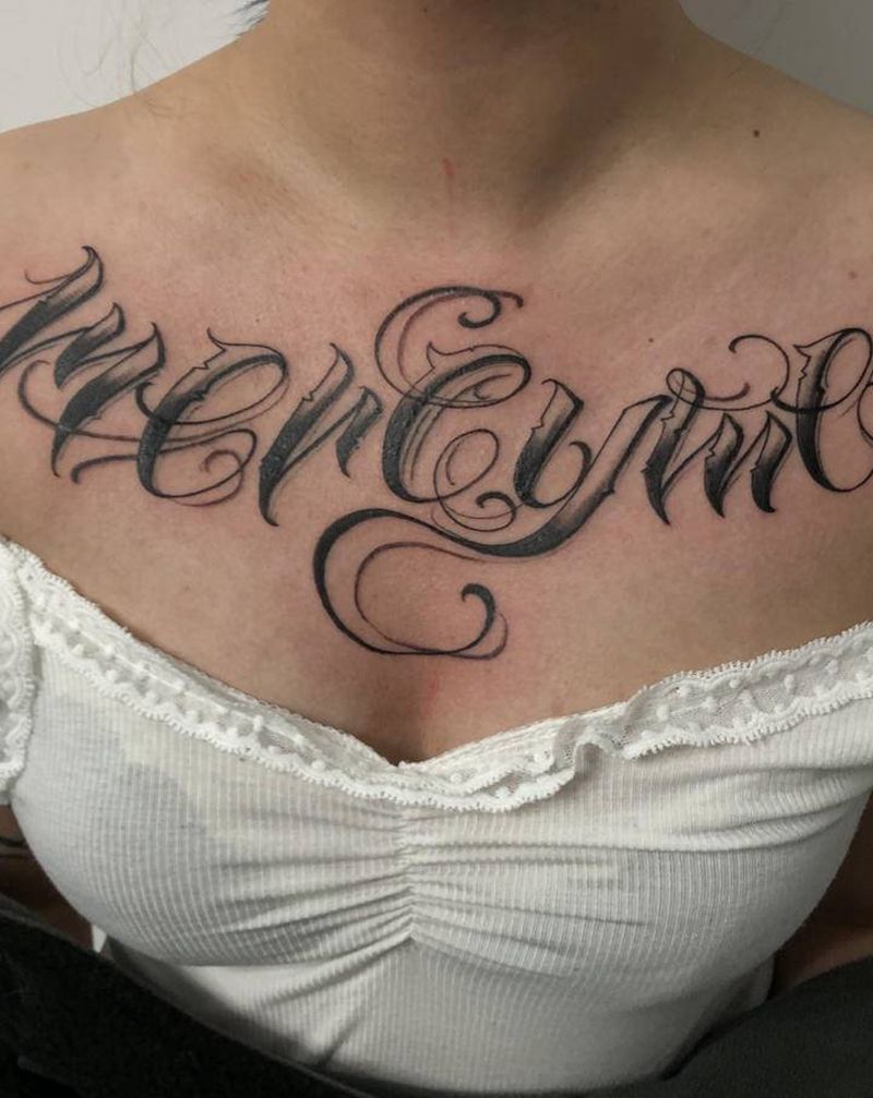 花体字纹身图片_胸部花体字纹身图案